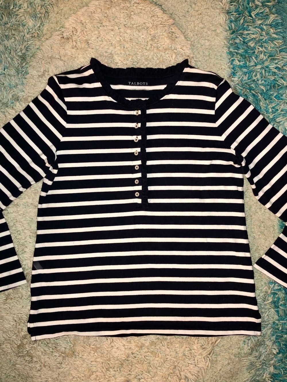 Talbots Navy and White Striped Long-Sleeve Henley Top
